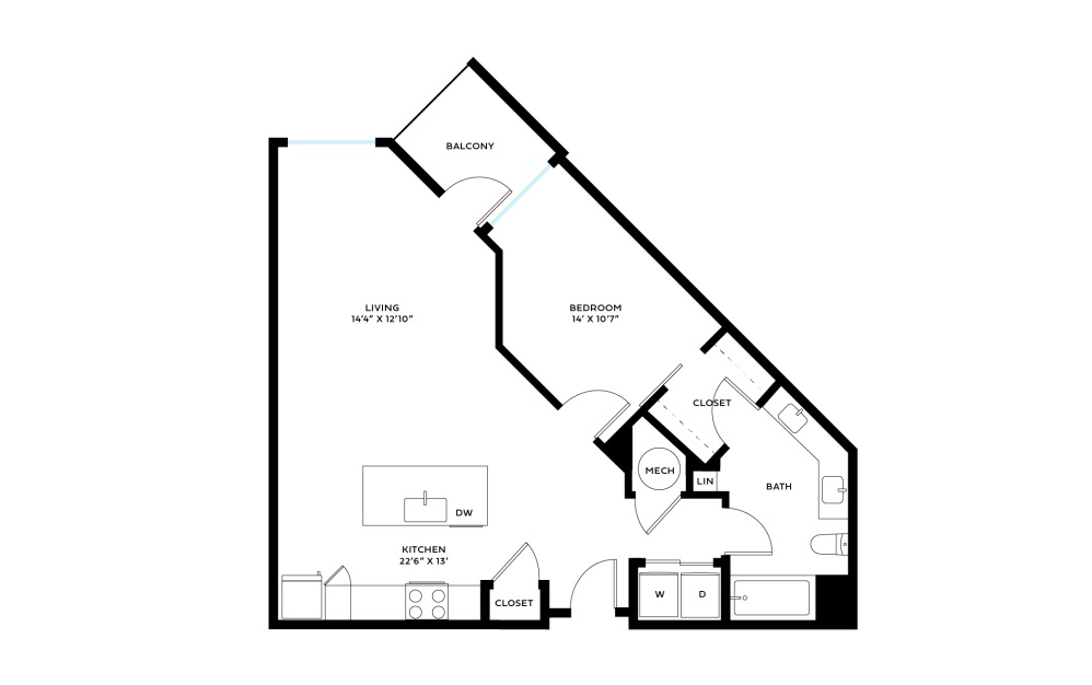 Track C - 1 bedroom floorplan layout with 1 bathroom and 805 - 898 square feet