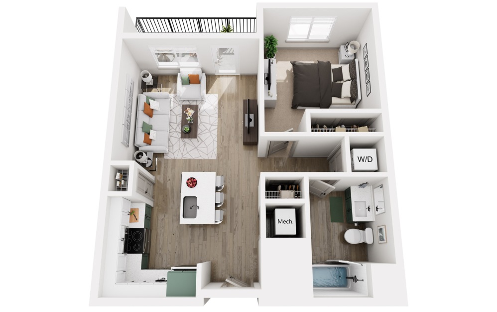 Railway - 1 bedroom floorplan layout with 1 bathroom and 676 square feet (3D)