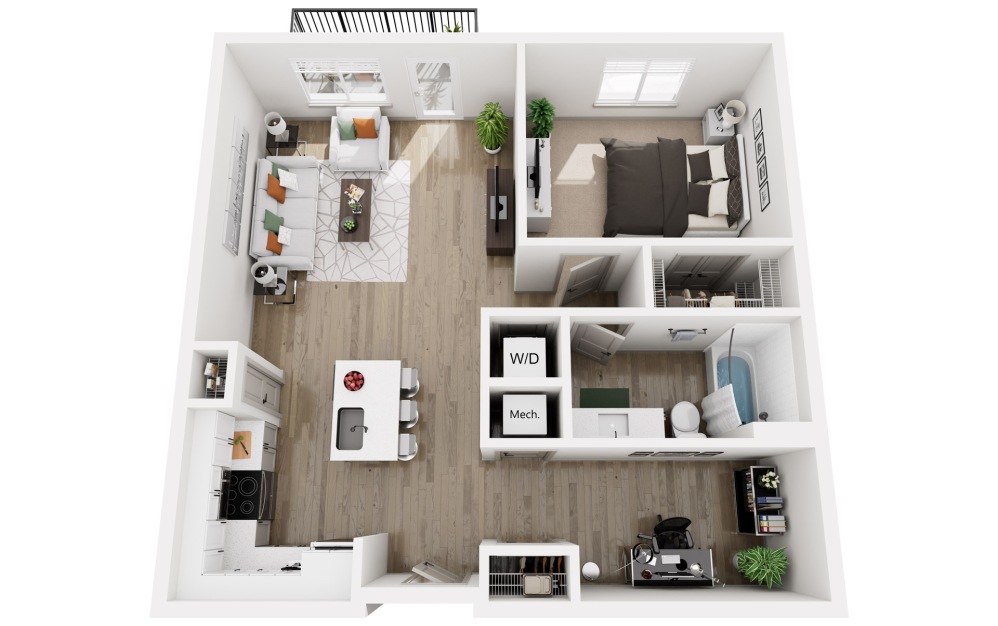 Trolley - 1 bedroom floorplan layout with 1 bathroom and 809 square feet (3D)