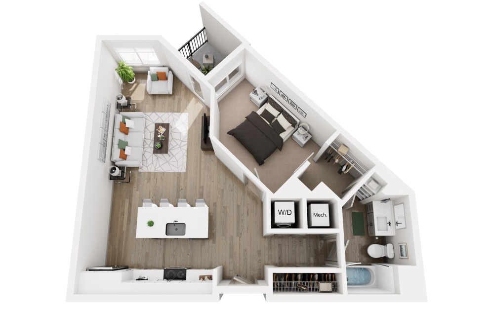 Track - 1 bedroom floorplan layout with 1 bathroom and 805 square feet (3D)