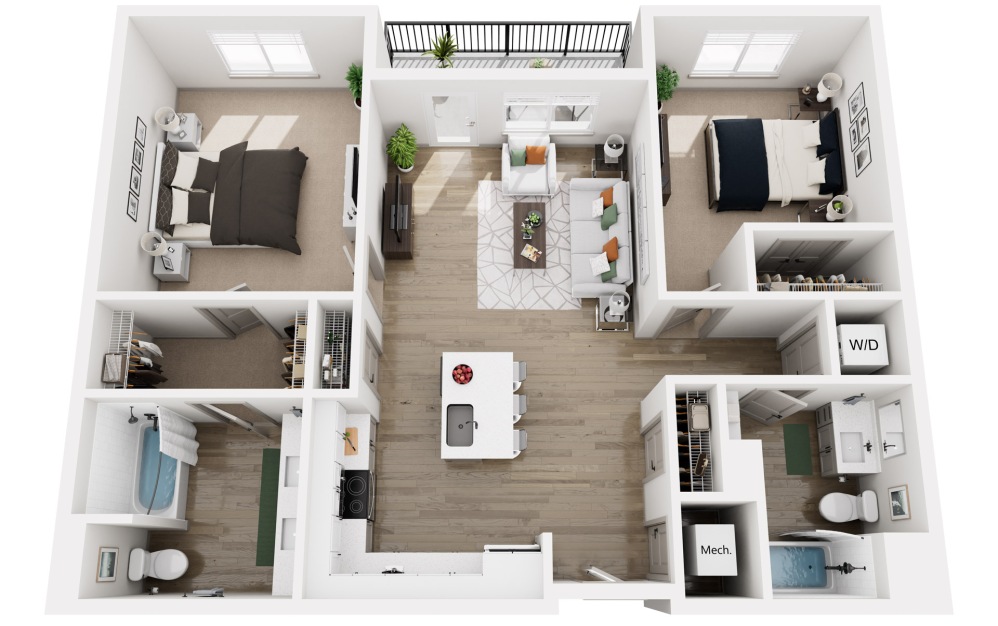 Cargo - 2 bedroom floorplan layout with 2 bathrooms and 1044 - 1092 square feet (Floor 1)