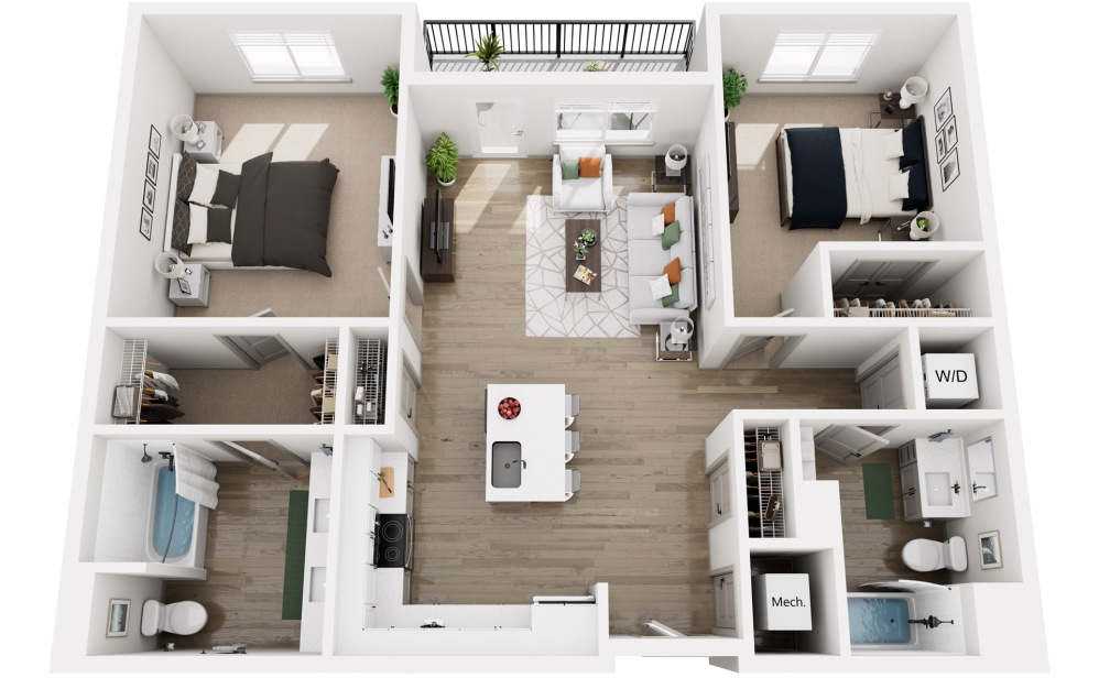 Cargo - 2 bedroom floorplan layout with 2 bathrooms and 1044 - 1092 square feet (3D)