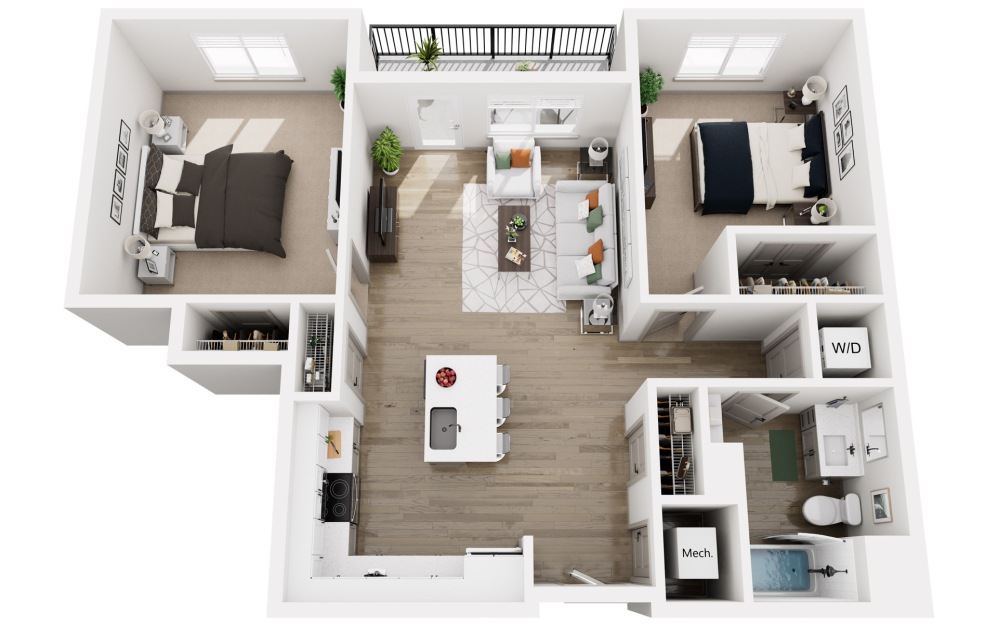Crossing - 2 bedroom floorplan layout with 1 bathroom and 878 square feet (3D)