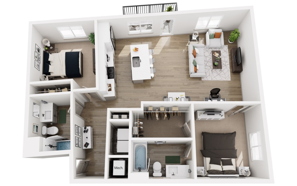 Railroad - 2 bedroom floorplan layout with 2 bathrooms and 1142 square feet (3D)