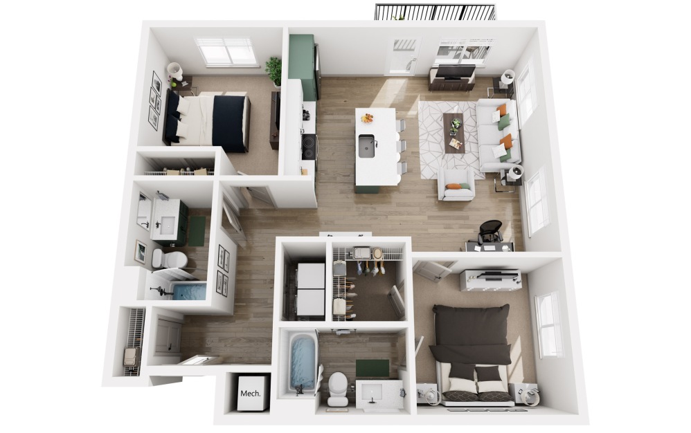 Boxcar - 2 bedroom floorplan layout with 2 bathrooms and 1005 square feet (3D)