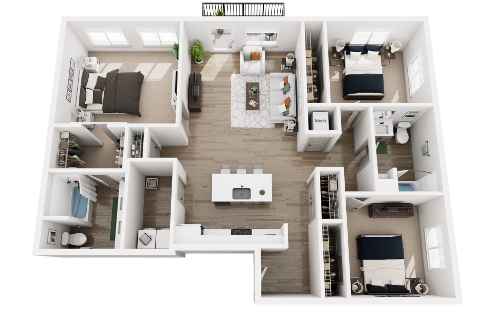 Platform - 3 bedroom floorplan layout with 2 bathrooms and 1409 square feet (3D)