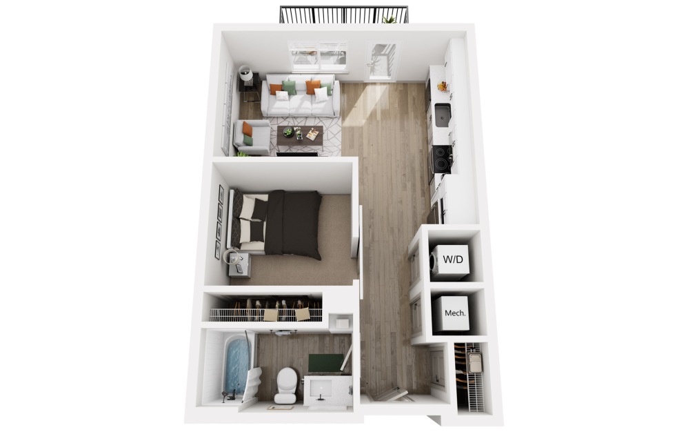 Conductor - Studio floorplan layout with 1 bathroom and 573 square feet (3D)