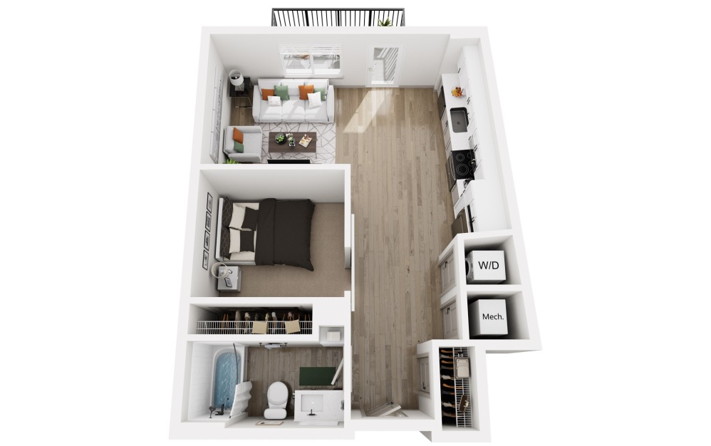 Charter - Studio floorplan layout with 1 bathroom and 618 square feet (3D)