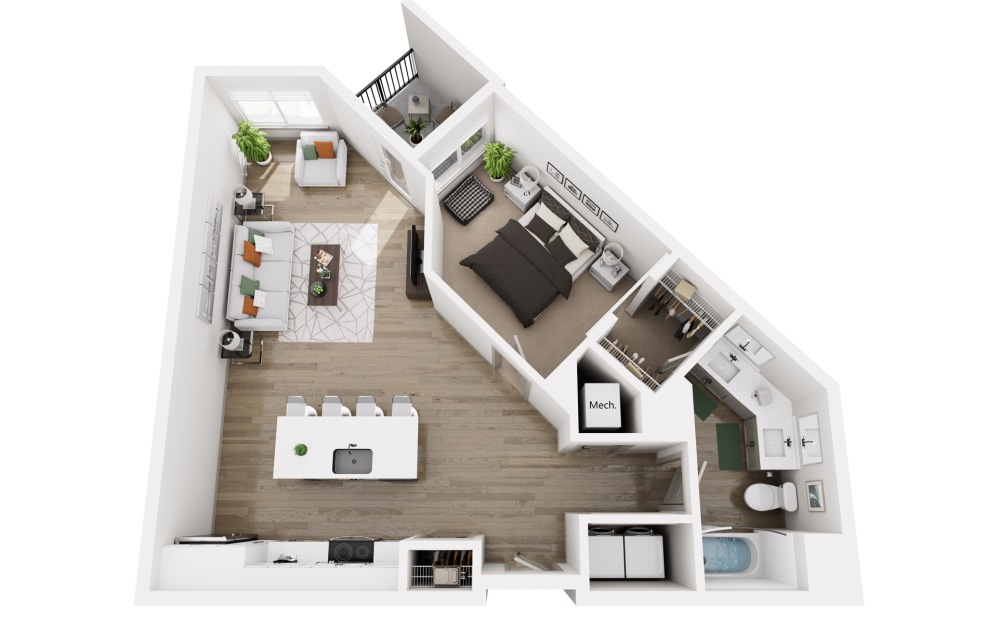 Track B - 1 bedroom floorplan layout with 1 bathroom and 805 - 898 square feet (3D)