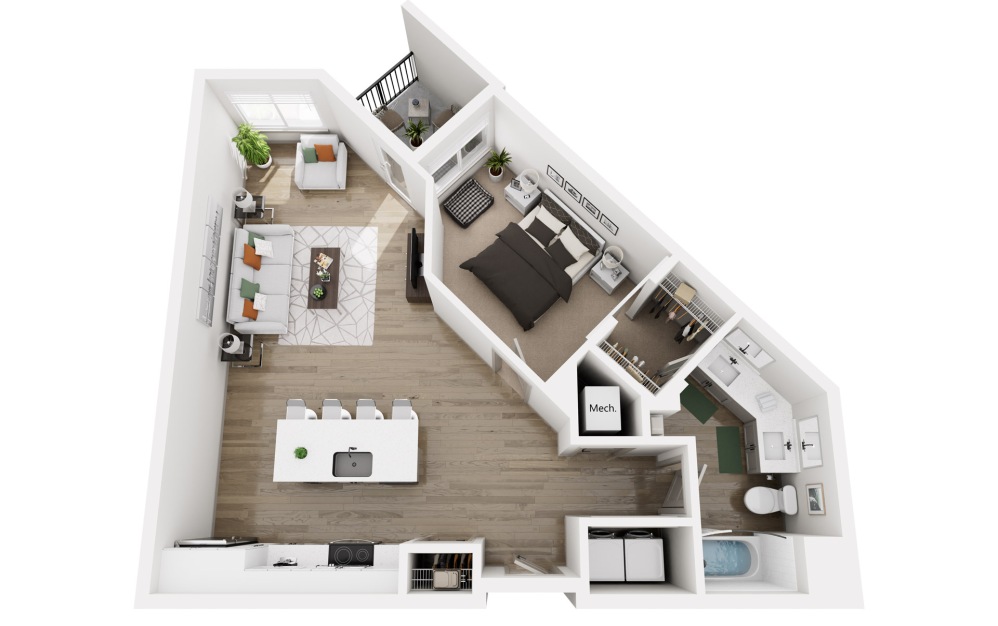 Track C - 1 bedroom floorplan layout with 1 bathroom and 805 - 898 square feet (3D)