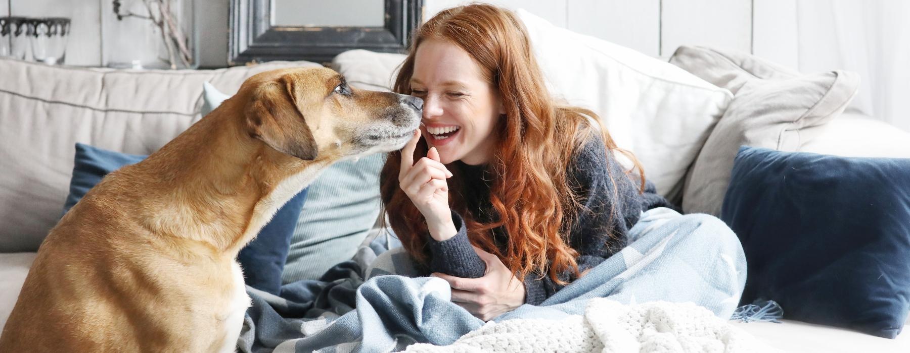 a person sitting on a bed with a dog