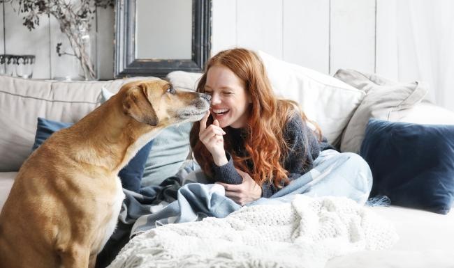 a person sitting on a bed with a dog